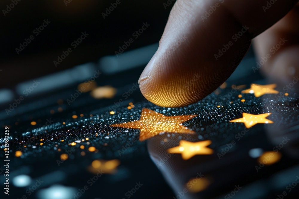 Poster Close-up of Finger Touching Shimmering Stars on Touchscreen Display with Glowing Effects and Patterns