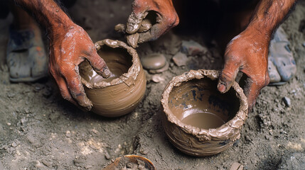 Hands Shaping a Pottery Coffee Mug on a Wheel