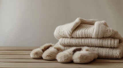 Cozy cream knitwear and slippers on wood. Winter home comfort