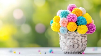 Colorful yarn pom-poms in basket, spring bokeh background, craft decor, website banner