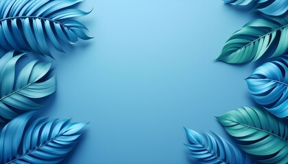Blue tropical leaves framing the edges on a plain blue background, minimalist design with soft shadows and details.