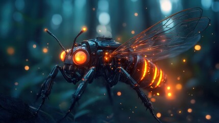 Fototapeta premium A robotic firefly with glowing energy cores, lighting up a dense futuristic forest at night