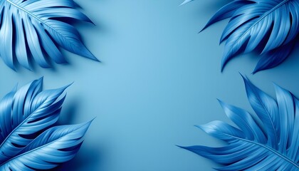 Obraz premium Blue tropical leaves framing the edges on a plain blue background, minimalist design with soft shadows and details.