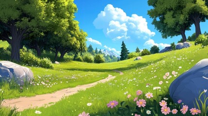 Obraz premium Serene Nature Landscape with Pathway and Colorful Flowers in Spring