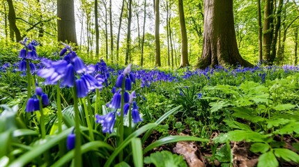 Fototapeta premium Vibrant Bluebell Flowers Blooming in a Lush Forest Landscape
