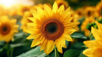 Fototapeta premium Vibrant Sunflower Bloom in a Field Under Warm Golden Light