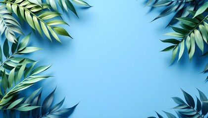 Blue tropical leaves framing the edges on a plain blue background, minimalist design with soft shadows and details.