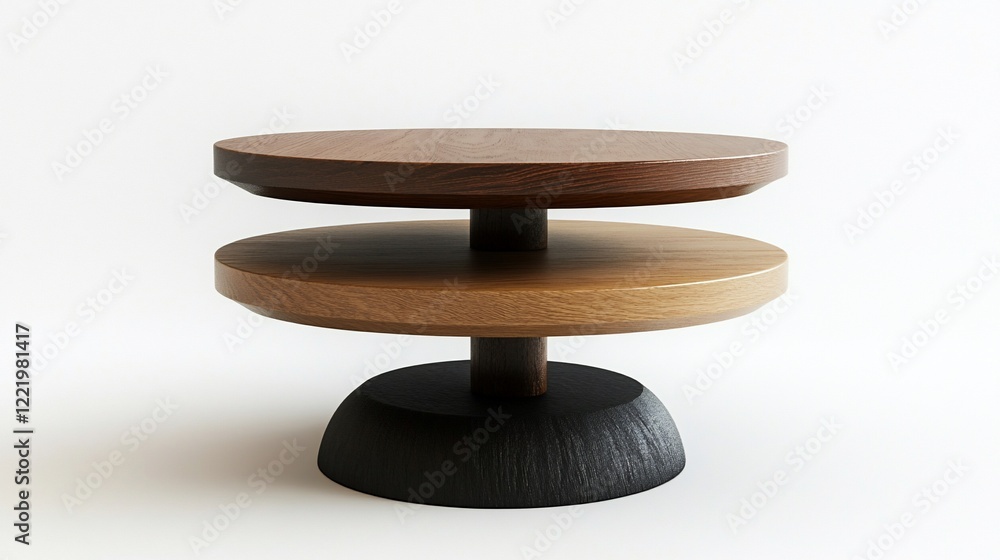 Poster modern wooden two-tiered side table with rounded base and minimal design against a white background