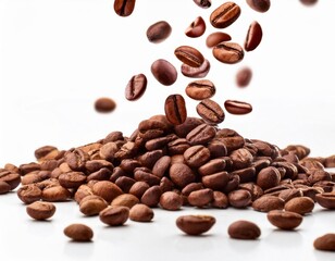 Obraz premium Falling coffee beans isolated on a solid white background
