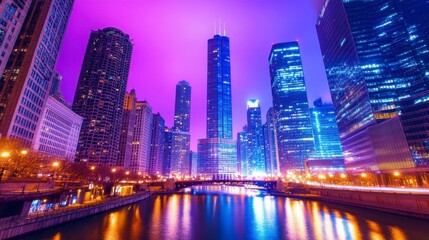 Vibrant Night Skyline of Chicago Illuminated by Colorful Lights