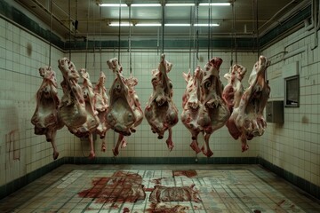 Hanging meats in a large meat food slaughterhouse architecture.