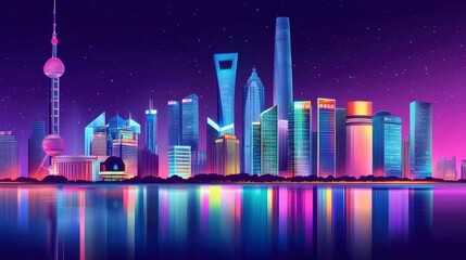 Fototapeta premium Vibrant City Skyline at Night with Colorful Neon Lights and Reflections