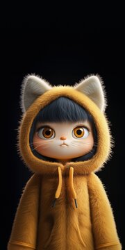 Adorable cat-inspired character in a fluffy yellow hoodie with big eyes in a whimsical cartoon style for mobile wallpaper