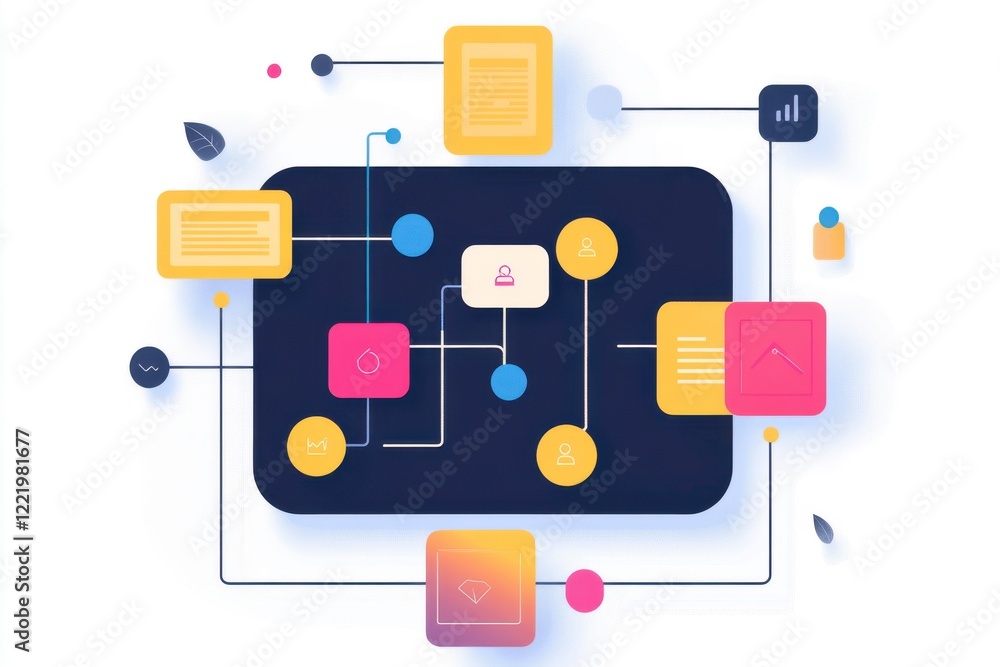 Poster a colorful, abstract illustration depicting interconnected nodes and shapes, representing data flow 