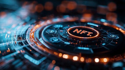 Futuristic Abstract Digital Concept with NFT Symbol Surrounded by Bright Circular Patterns and Lights