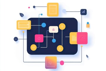 A colorful, abstract illustration depicting interconnected nodes and shapes, representing data flow and information exchange in a digital environment.