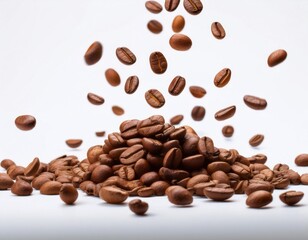 Naklejka premium Falling coffee beans isolated on a solid white background