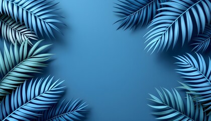 Blue tropical leaves framing the edges on a plain blue background, minimalist design with soft shadows and details.