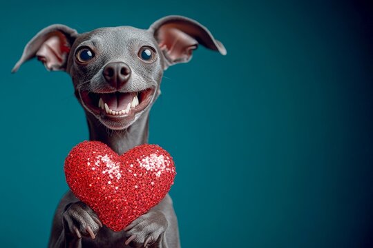 Whippet - my preferred dog. Cute whippet doggy with sparkling rhinestones red heart - emblem of love, funny greeting card. Commercial concept art. Puppy love. Valentine's animal moments.