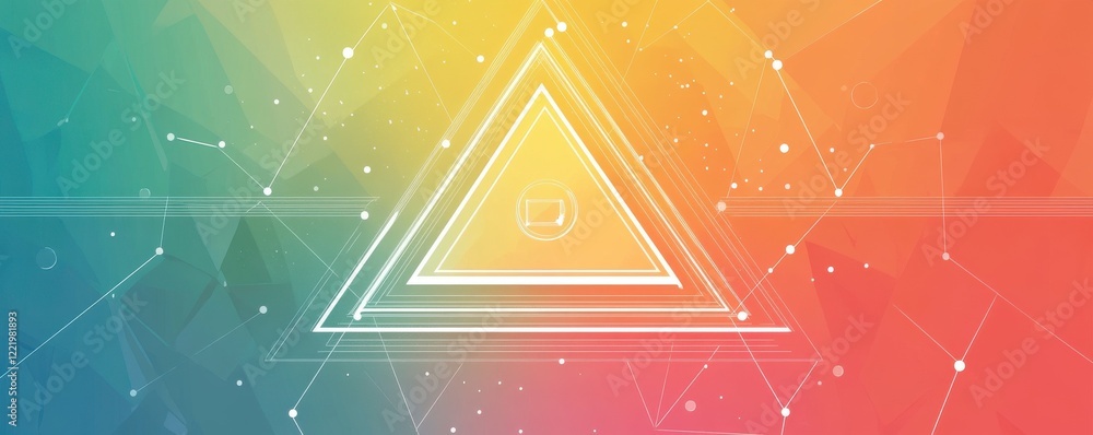 Poster a vibrant gradient background featuring overlapping triangles and network-like connections, creating