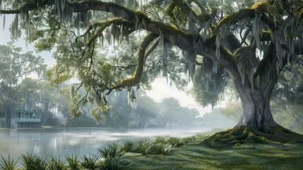 Large and mature oak tree extends its branches. Most branches are covered by moss