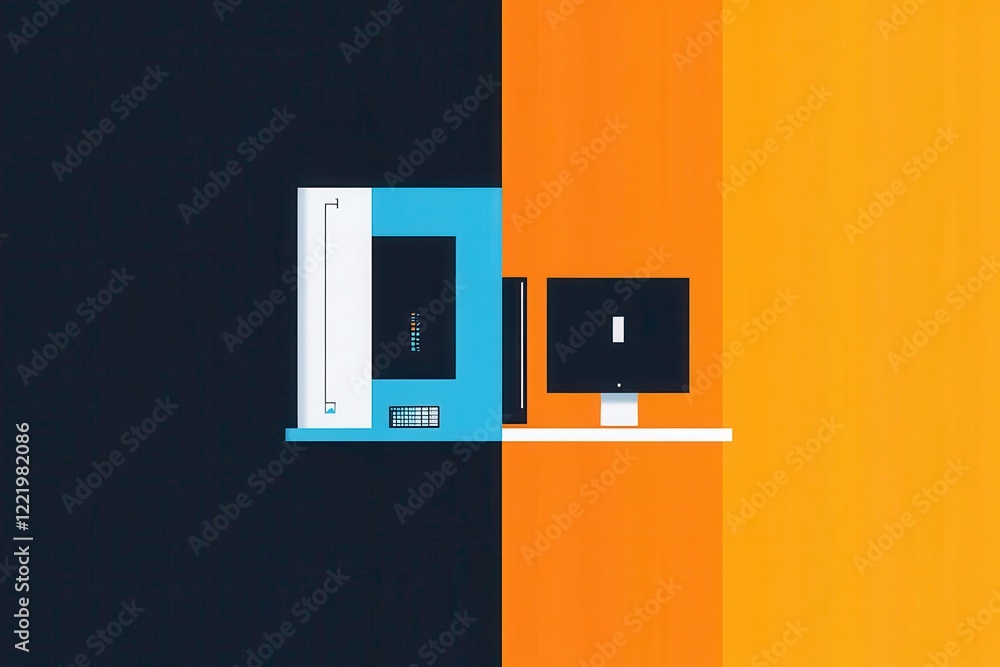 Poster a simplistic, modern illustration of a computer setup featuring a sleek monitor and a stylish blue c
