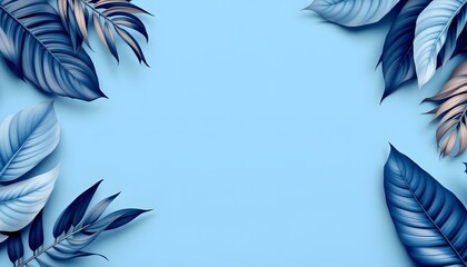 Obraz premium Blue tropical leaves framing the edges on a plain blue background, minimalist design with soft shadows and details.