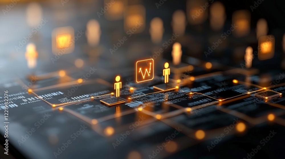Poster abstract digital network visualization with connected icons and data nodes on a dark background