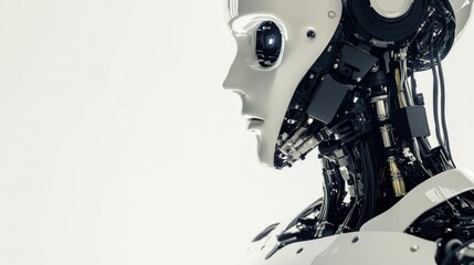 Fototapeta premium A close-up of a humanoid robot’s neck interface with high-resolution sensors and connection ports, modern tech environment, Tech-savvy style