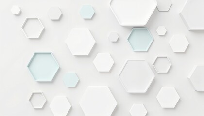 Fototapeta premium Abstract design featuring various hexagonal shapes in white and soft pastel tones on a minimalistic background for modern decor and artistic themes.