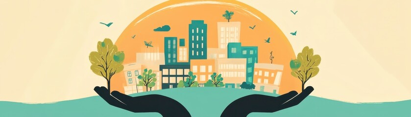 Naklejka premium A stylized illustration of a cityscape held in hands, symbolizing care for the environment and urban sustainability, under a warm, glowing sun.