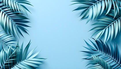 Blue tropical leaves framing the edges on a plain blue background, minimalist design with soft shadows and details.