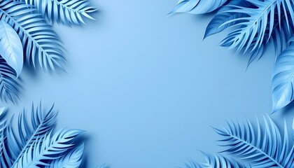 Blue tropical leaves framing the edges on a plain blue background, minimalist design with soft shadows and details.
