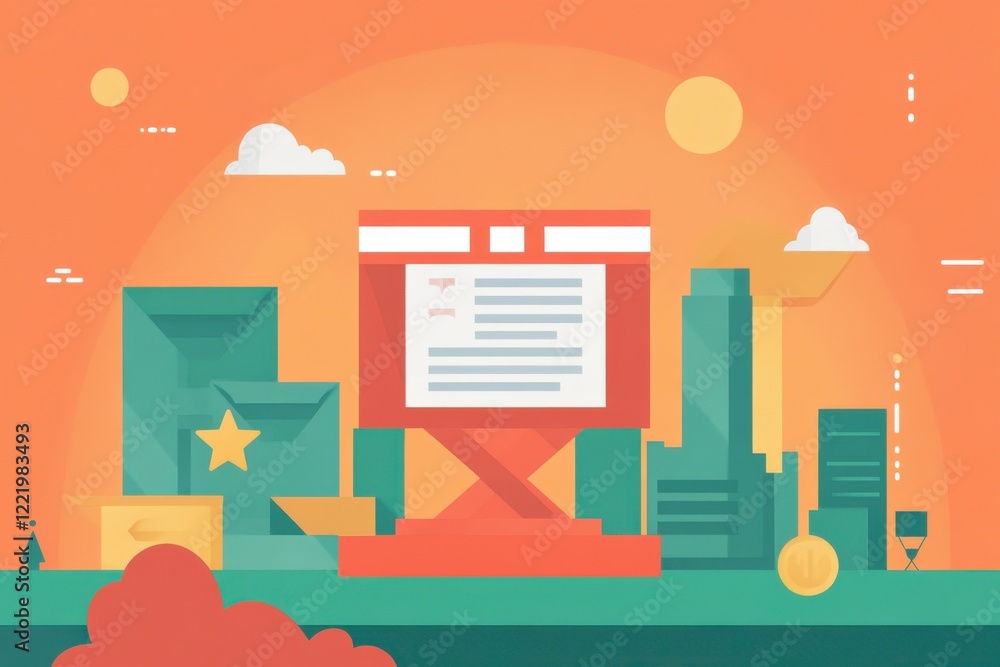 Poster a colorful digital cityscape featuring a large screen displaying text, set against an orange backdro