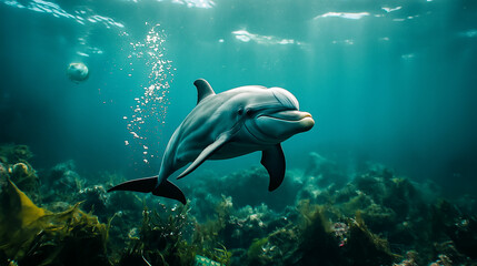 Naklejka premium Dolphin swims through polluted waters that disturb its natural habitat and peace. Generative AI