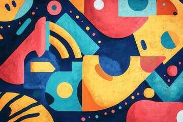 A vibrant abstract pattern featuring colorful shapes and lines, blending geometric and organic forms in a dynamic composition.
