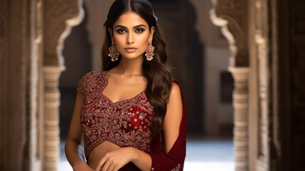 A stunning Indian girl in a rich burgundy saree with intricate details, perfect for an ethnic cool picture with space for text.

