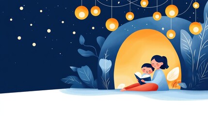 WORLD SLEEP DAY style. A mother reading a story to her child in a cozy, illuminated space.