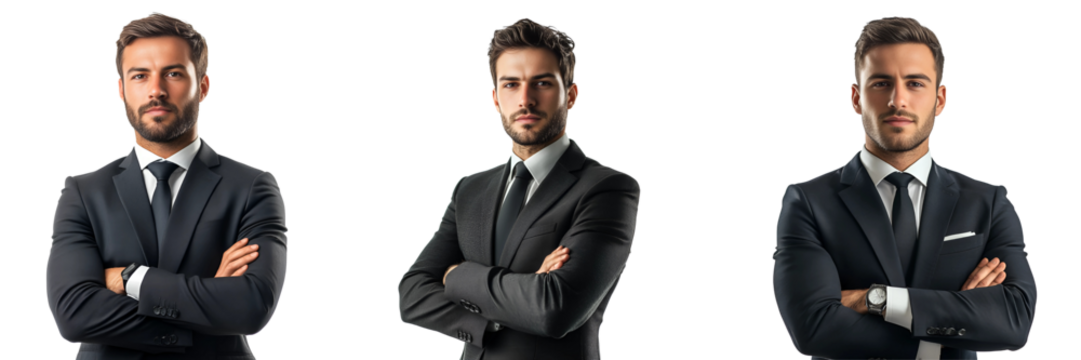 Set of Confident businessman in a tailored suit with arms crossed isolated on a white or transparent background.