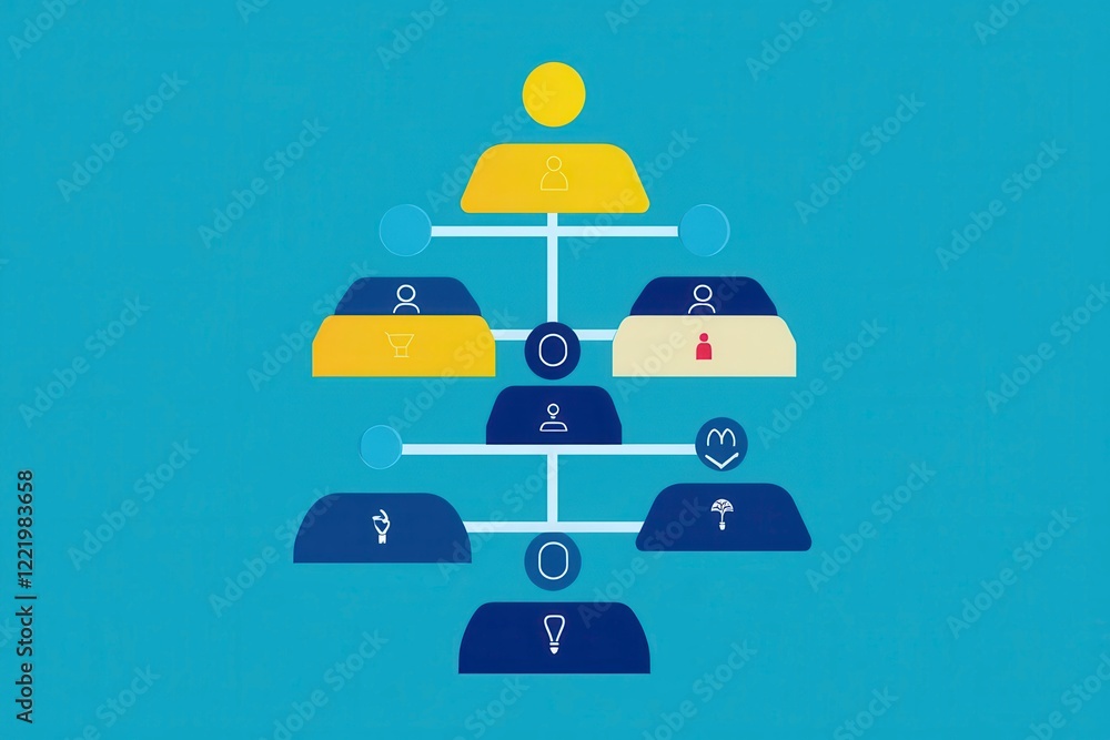 Poster a colorful organizational chart with figures representing different roles, showcasing a hierarchy an
