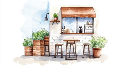 Obraz premium Charming Outdoor Coffee Stand with Cozy Seating and Plants