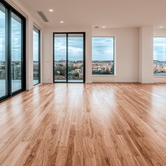 Fototapeta premium Modern Empty Apartment with Panoramic City View Hardwood Floors