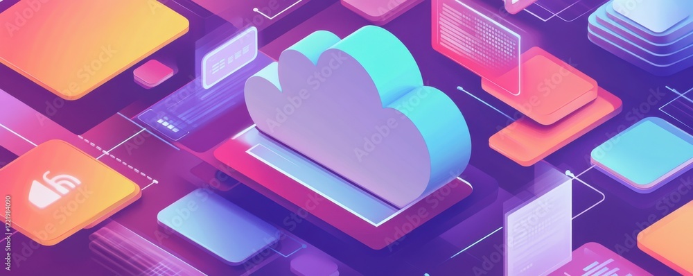 Poster a modern illustration of a cloud symbol surrounded by colorful digital elements, representing cloud 