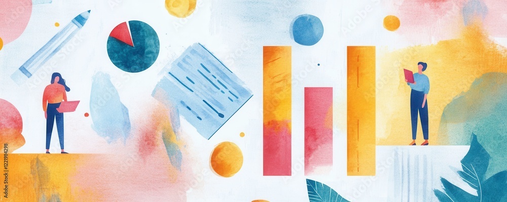 Poster a vibrant illustration featuring two figures interacting with data and graphics amidst colorful abst