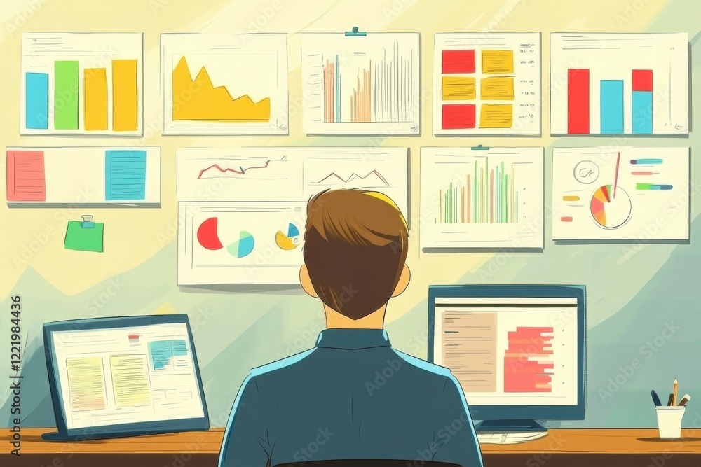 Poster a person analyzes data and charts displayed on a wall while seated in front of a computer, focusing 
