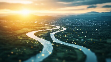 Golden Hour Over River Valley with Fireflies and Distant City View