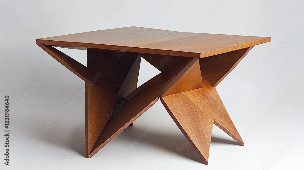 Poster geometric wooden table with unique angular design against a white background