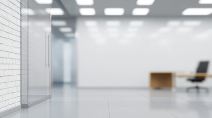 Obraz premium Modern office hallway with glass wall and desk.