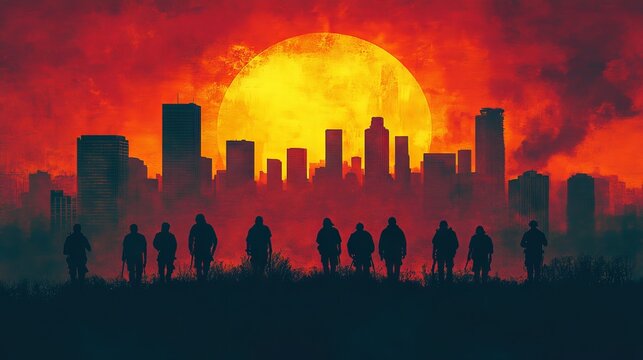 Silhouette of figures walking towards city at sunset with dystopian atmosphere