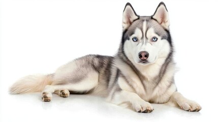 Fototapeta premium A Siberian husky with striking blue eyes, sitting confidently on a white floor, looking straight at the camera